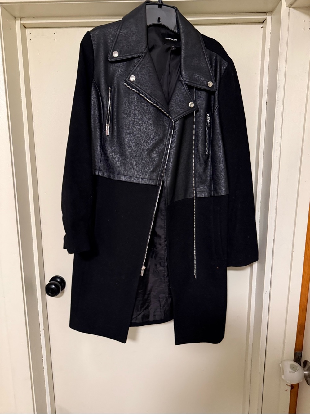 Express Black Mixed-Media Trench Coat with Faux Leather Moto Yoke